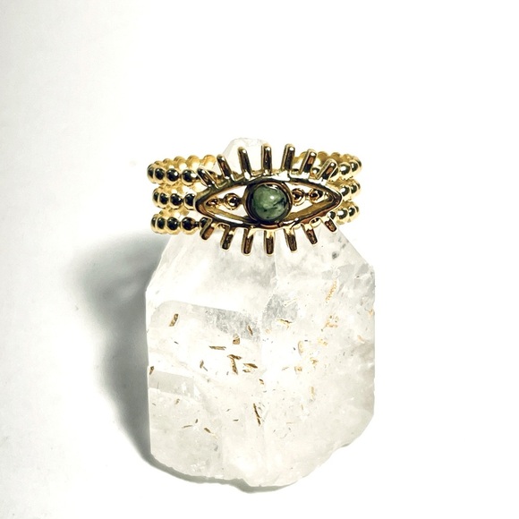 2/$20 ✨ LAST ONE! Evil Eye Beaded 18k Gold Plated Ring with Natural Green Stone - Picture 6 of 14